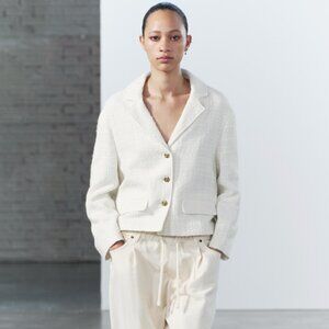 Zara Cream Textured Tweed Blazer Jacket